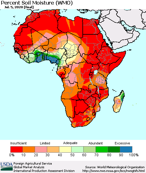 Africa Percent Soil Moisture (WMO) Thematic Map For 6/29/2020 - 7/5/2020