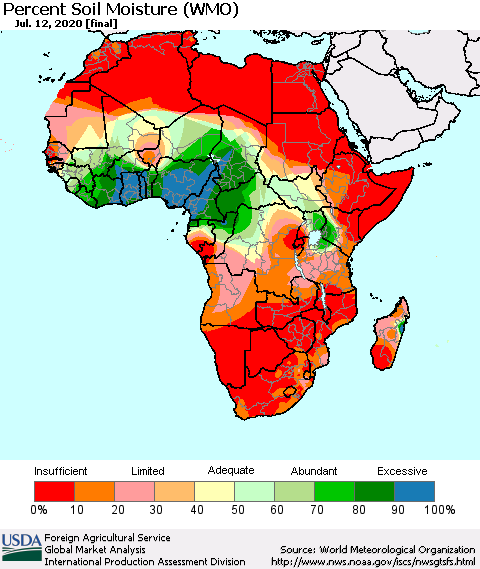 Africa Percent Soil Moisture (WMO) Thematic Map For 7/6/2020 - 7/12/2020