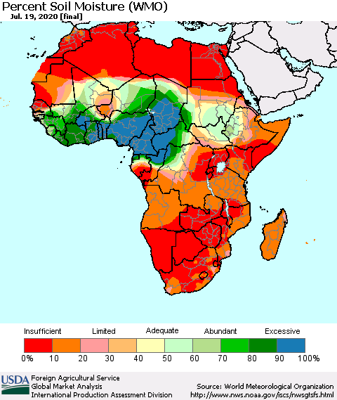 Africa Percent Soil Moisture (WMO) Thematic Map For 7/13/2020 - 7/19/2020