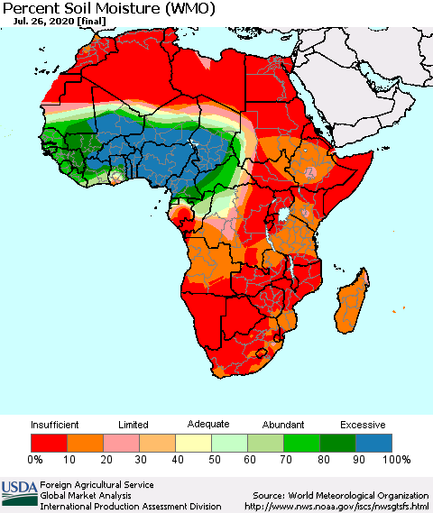 Africa Percent Soil Moisture (WMO) Thematic Map For 7/20/2020 - 7/26/2020