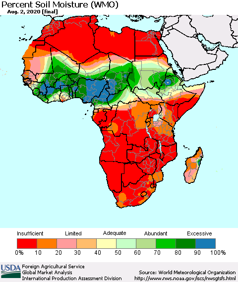 Africa Percent Soil Moisture (WMO) Thematic Map For 7/27/2020 - 8/2/2020