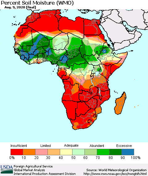 Africa Percent Soil Moisture (WMO) Thematic Map For 8/3/2020 - 8/9/2020