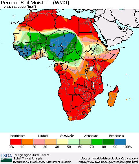 Africa Percent Soil Moisture (WMO) Thematic Map For 8/10/2020 - 8/16/2020