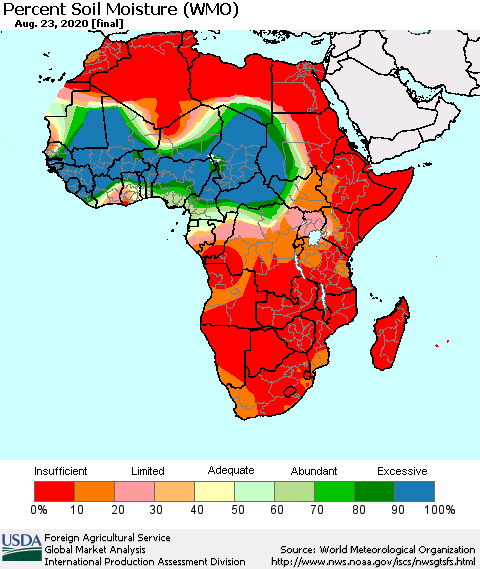 Africa Percent Soil Moisture (WMO) Thematic Map For 8/17/2020 - 8/23/2020