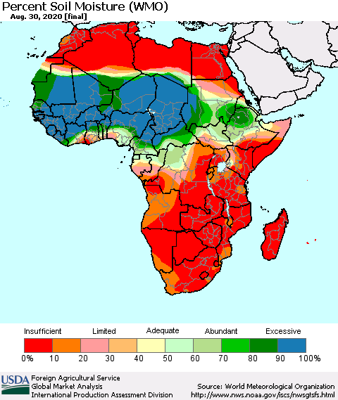 Africa Percent Soil Moisture (WMO) Thematic Map For 8/24/2020 - 8/30/2020