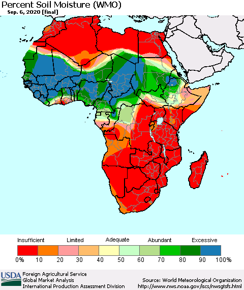 Africa Percent Soil Moisture (WMO) Thematic Map For 8/31/2020 - 9/6/2020