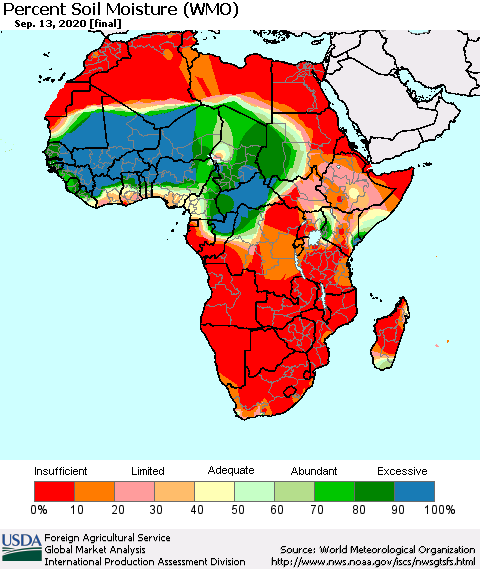 Africa Percent Soil Moisture (WMO) Thematic Map For 9/7/2020 - 9/13/2020