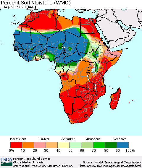 Africa Percent Soil Moisture (WMO) Thematic Map For 9/14/2020 - 9/20/2020