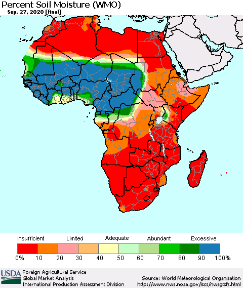 Africa Percent Soil Moisture (WMO) Thematic Map For 9/21/2020 - 9/27/2020
