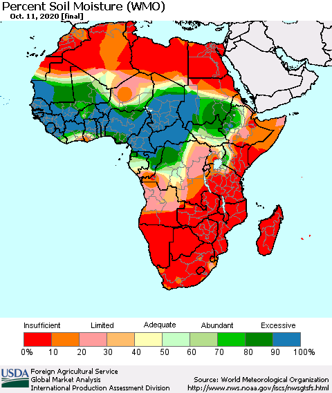 Africa Percent Soil Moisture (WMO) Thematic Map For 10/5/2020 - 10/11/2020