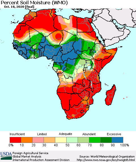 Africa Percent Soil Moisture (WMO) Thematic Map For 10/12/2020 - 10/18/2020