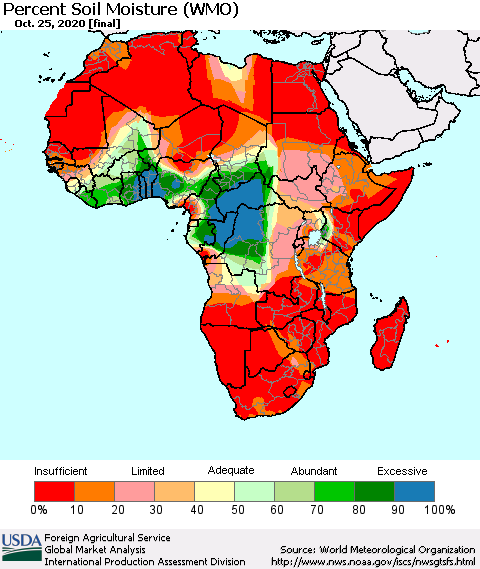Africa Percent Soil Moisture (WMO) Thematic Map For 10/19/2020 - 10/25/2020