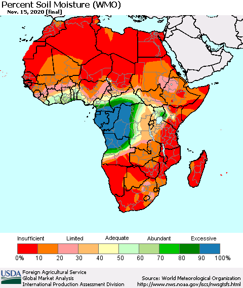 Africa Percent Soil Moisture (WMO) Thematic Map For 11/9/2020 - 11/15/2020