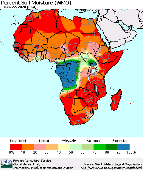 Africa Percent Soil Moisture (WMO) Thematic Map For 11/16/2020 - 11/22/2020