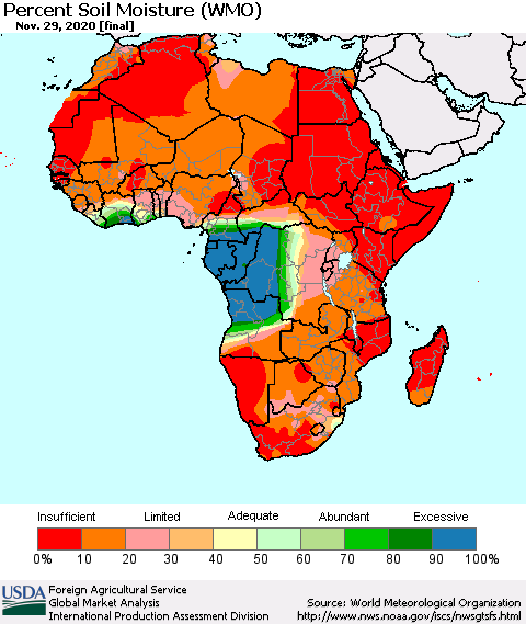 Africa Percent Soil Moisture (WMO) Thematic Map For 11/23/2020 - 11/29/2020