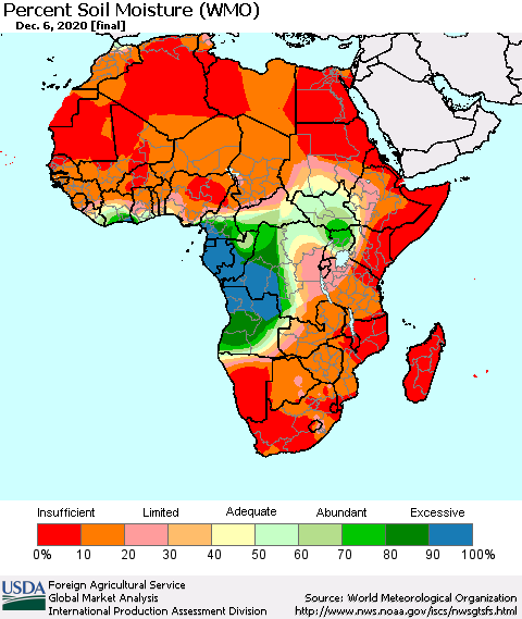 Africa Percent Soil Moisture (WMO) Thematic Map For 11/30/2020 - 12/6/2020