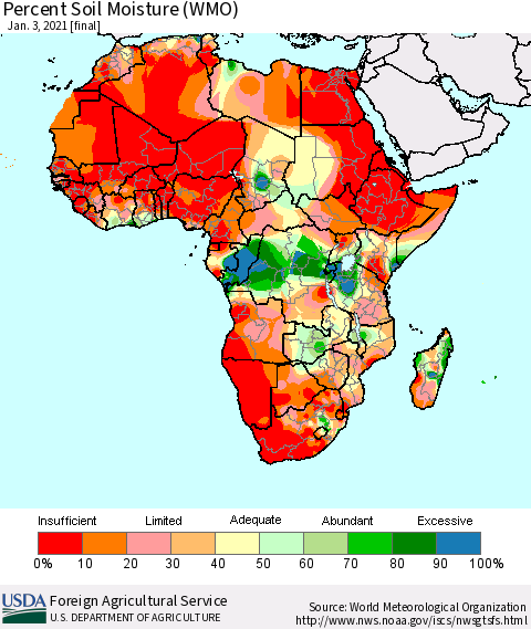 Africa Percent Soil Moisture (WMO) Thematic Map For 12/28/2020 - 1/3/2021