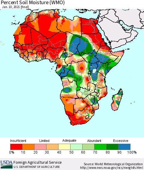 Africa Percent Soil Moisture (WMO) Thematic Map For 1/4/2021 - 1/10/2021
