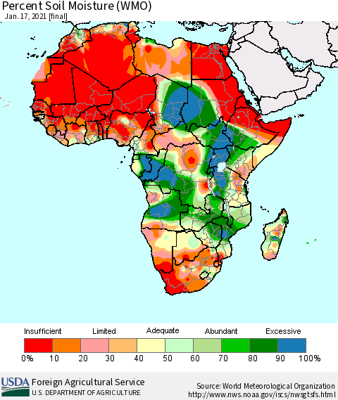 Africa Percent Soil Moisture (WMO) Thematic Map For 1/11/2021 - 1/17/2021