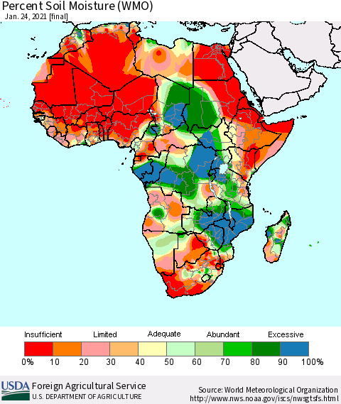 Africa Percent Soil Moisture (WMO) Thematic Map For 1/18/2021 - 1/24/2021