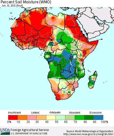 Africa Percent Soil Moisture (WMO) Thematic Map For 1/25/2021 - 1/31/2021
