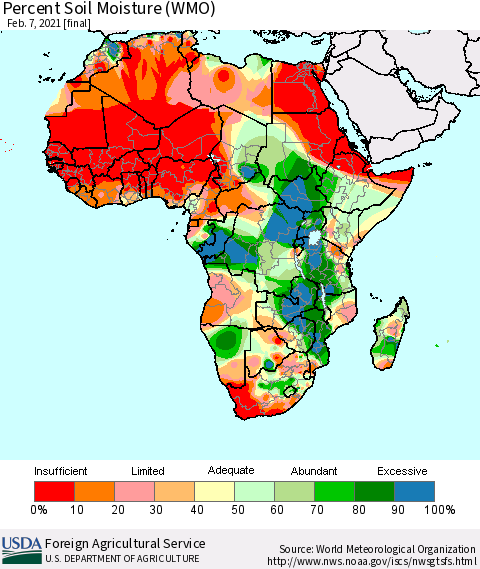 Africa Percent Soil Moisture (WMO) Thematic Map For 2/1/2021 - 2/7/2021