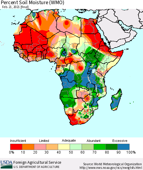 Africa Percent Soil Moisture (WMO) Thematic Map For 2/15/2021 - 2/21/2021