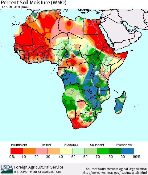 Africa Percent Soil Moisture (WMO) Thematic Map For 2/22/2021 - 2/28/2021