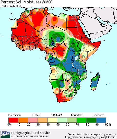 Africa Percent Soil Moisture (WMO) Thematic Map For 3/1/2021 - 3/7/2021