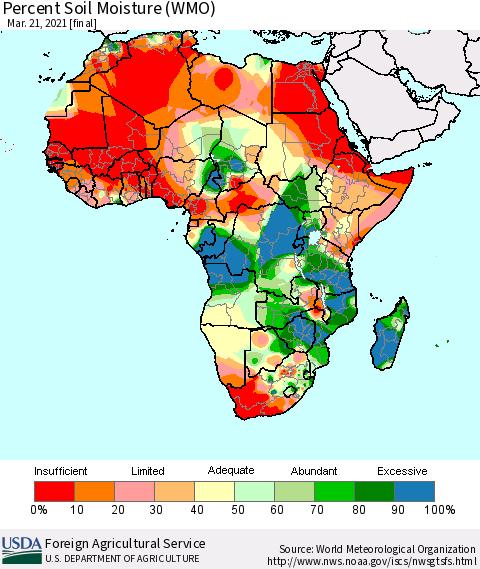 Africa Percent Soil Moisture (WMO) Thematic Map For 3/15/2021 - 3/21/2021