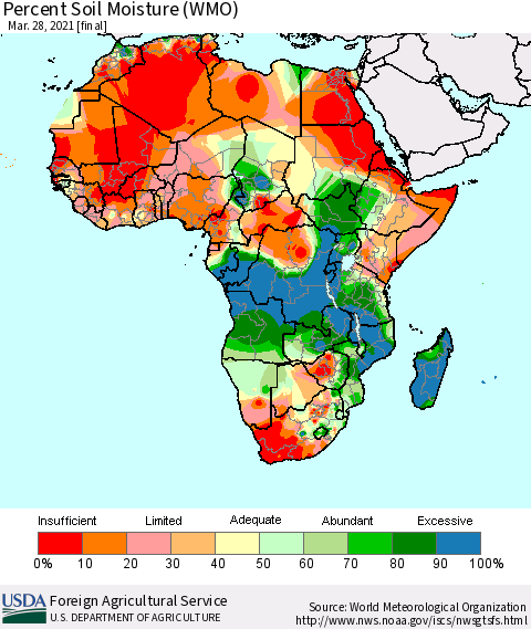 Africa Percent Soil Moisture (WMO) Thematic Map For 3/22/2021 - 3/28/2021