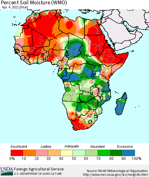 Africa Percent Soil Moisture (WMO) Thematic Map For 3/29/2021 - 4/4/2021