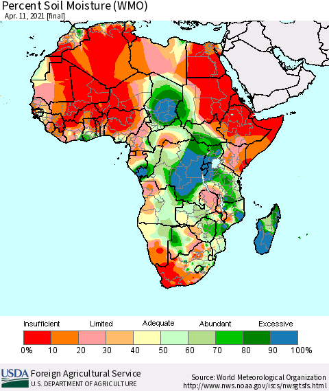 Africa Percent Soil Moisture (WMO) Thematic Map For 4/5/2021 - 4/11/2021