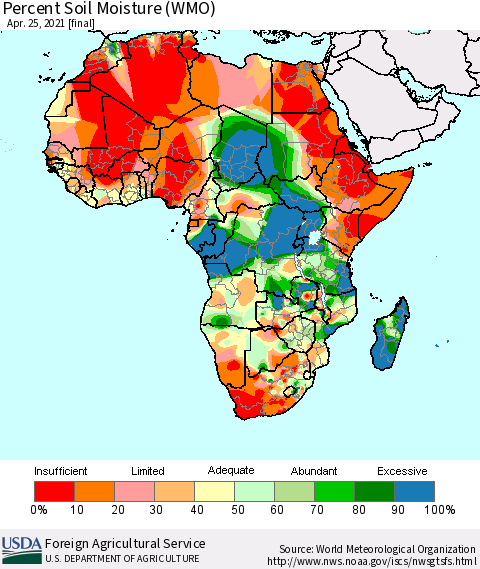 Africa Percent Soil Moisture (WMO) Thematic Map For 4/19/2021 - 4/25/2021