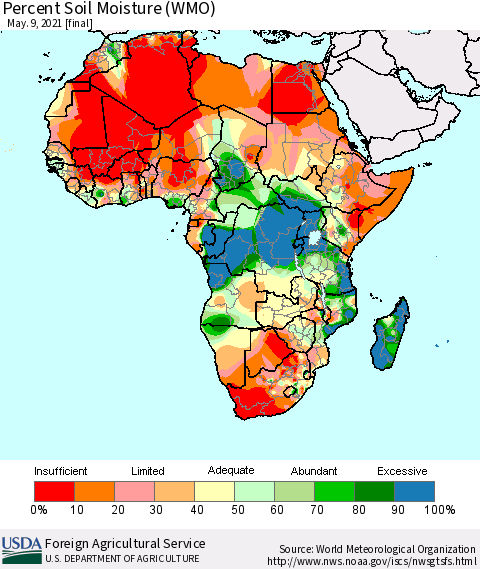 Africa Percent Soil Moisture (WMO) Thematic Map For 5/3/2021 - 5/9/2021