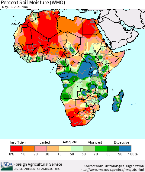Africa Percent Soil Moisture (WMO) Thematic Map For 5/10/2021 - 5/16/2021