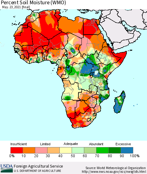 Africa Percent Soil Moisture (WMO) Thematic Map For 5/17/2021 - 5/23/2021