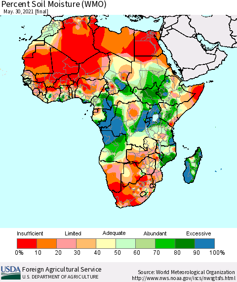 Africa Percent Soil Moisture (WMO) Thematic Map For 5/24/2021 - 5/30/2021