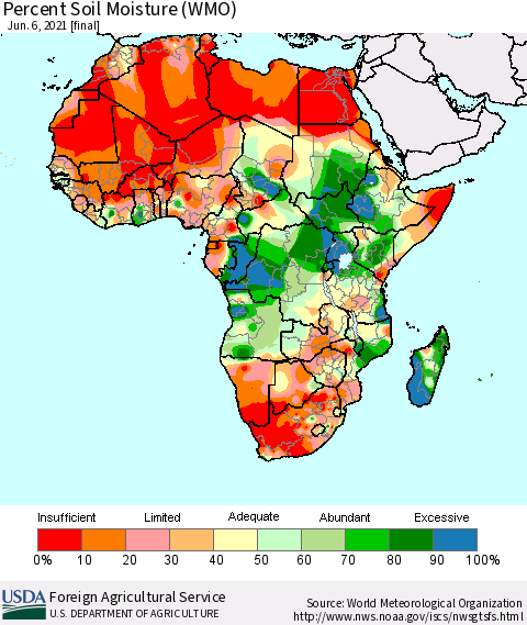 Africa Percent Soil Moisture (WMO) Thematic Map For 5/31/2021 - 6/6/2021