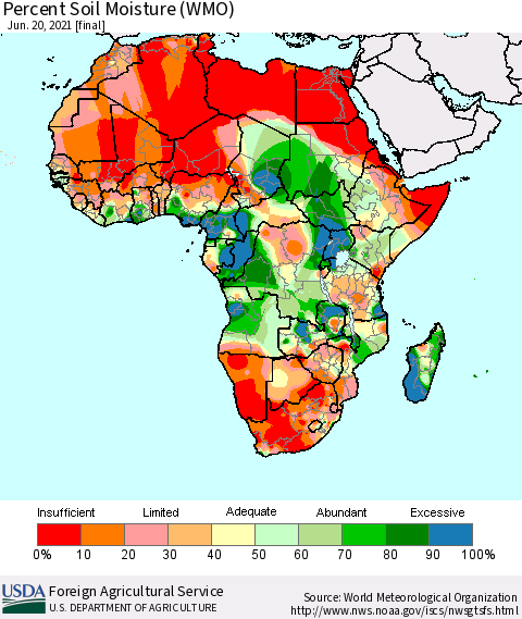 Africa Percent Soil Moisture (WMO) Thematic Map For 6/14/2021 - 6/20/2021