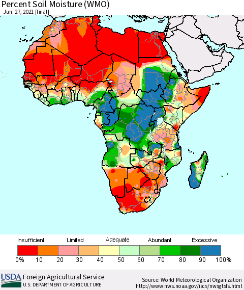 Africa Percent Soil Moisture (WMO) Thematic Map For 6/21/2021 - 6/27/2021
