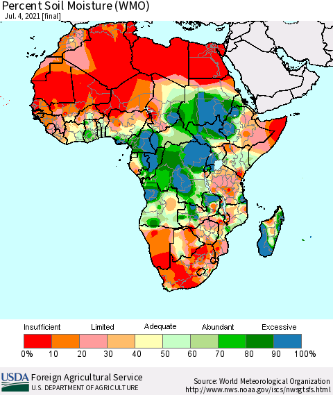 Africa Percent Soil Moisture (WMO) Thematic Map For 6/28/2021 - 7/4/2021