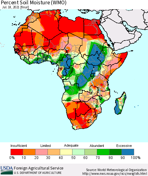 Africa Percent Soil Moisture (WMO) Thematic Map For 7/12/2021 - 7/18/2021