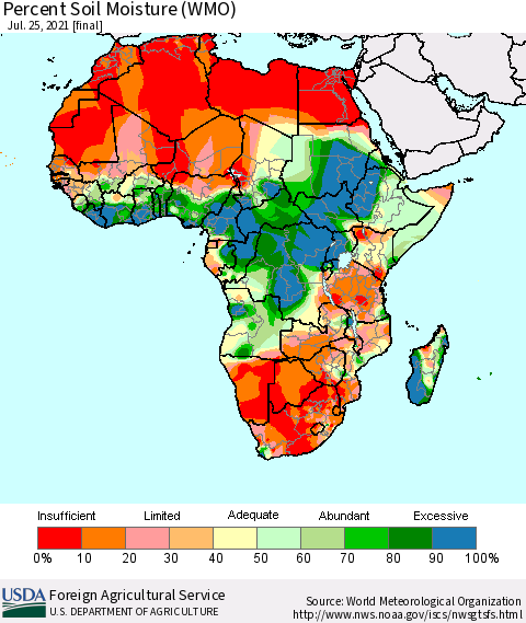 Africa Percent Soil Moisture (WMO) Thematic Map For 7/19/2021 - 7/25/2021