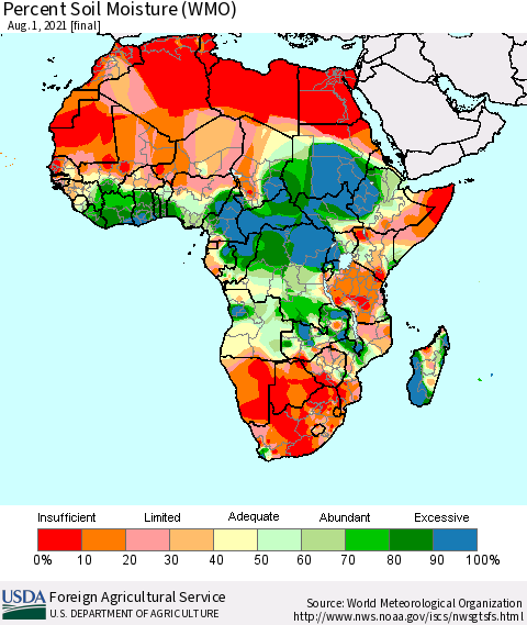 Africa Percent Soil Moisture (WMO) Thematic Map For 7/26/2021 - 8/1/2021