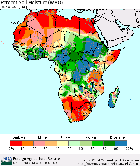 Africa Percent Soil Moisture (WMO) Thematic Map For 8/2/2021 - 8/8/2021