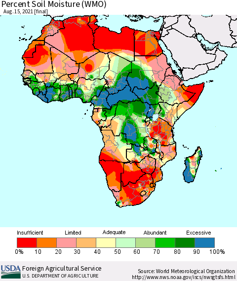 Africa Percent Soil Moisture (WMO) Thematic Map For 8/9/2021 - 8/15/2021