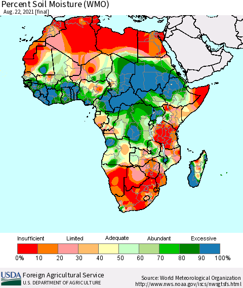 Africa Percent Soil Moisture (WMO) Thematic Map For 8/16/2021 - 8/22/2021