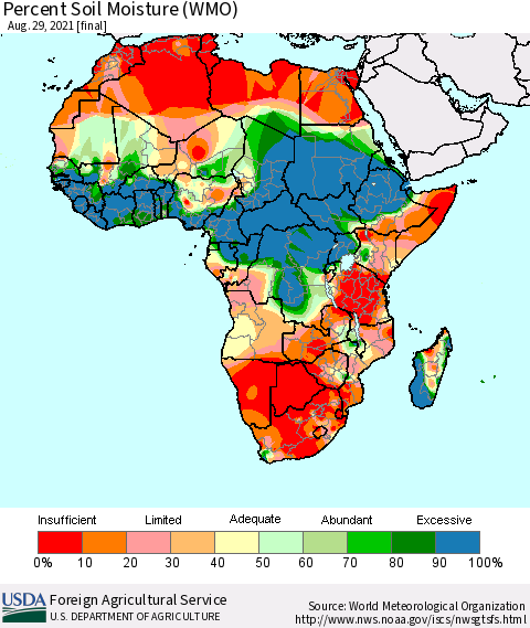 Africa Percent Soil Moisture (WMO) Thematic Map For 8/23/2021 - 8/29/2021