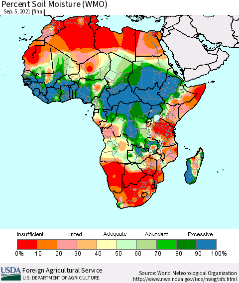 Africa Percent Soil Moisture (WMO) Thematic Map For 8/30/2021 - 9/5/2021